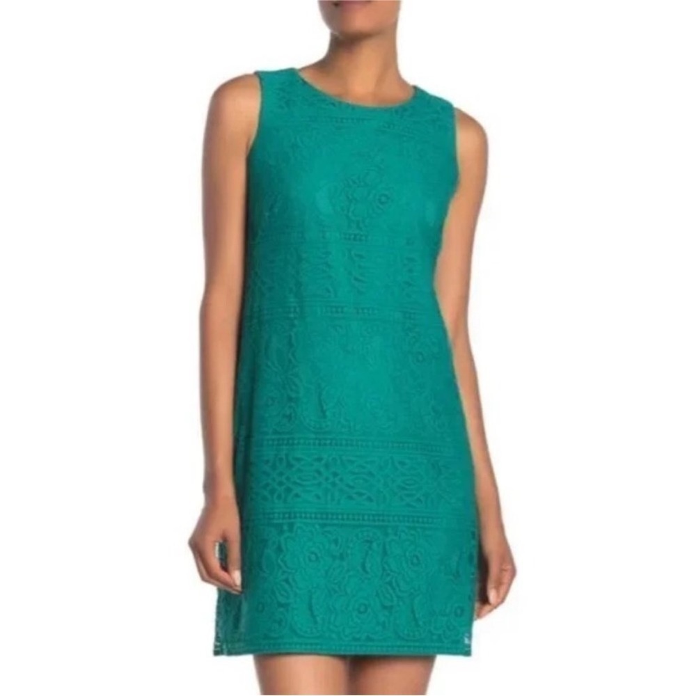 Eliza J Sleeveless Floral Lace Overlay Mini Shift Dress Cocktail Green Sz 2